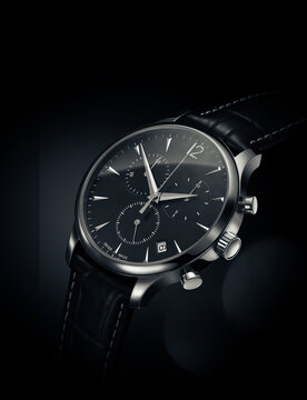 Close Up View Of Automatic Watch On Black Background With Leather Belt

