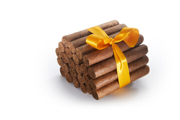 Close up view of bunch of cigars on white back