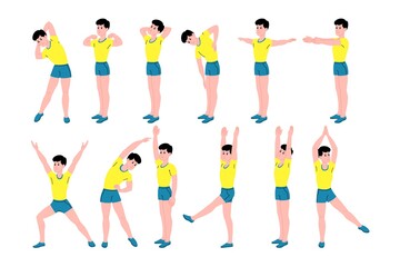Workout boy set. Man doing fitness and yoga exercises and lead healthy lifestyle. Full body workout with ball. Lunges and squats, plank and abc. Flat vector cartoon illustration. 