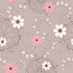Seamless repeated surface vector pattern design with pink and white flowers and leaves on vines and mandalas on a light brown background