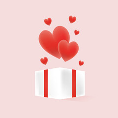 Happy valentine’s day open gift box with flying hearts. Vector illustrator