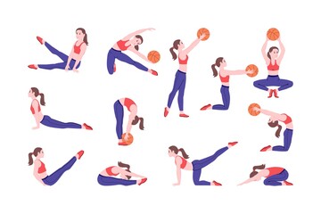 Fototapeta na wymiar Workout girl set. Woman doing fitness and yoga exercises and lead healthy lifestyle. Full body workout with ball. Lunges and squats, plank and abc. Flat vector cartoon illustration. 