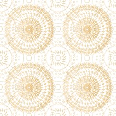 Seamless pattern with gold lace mandalas on white background. Vector design.