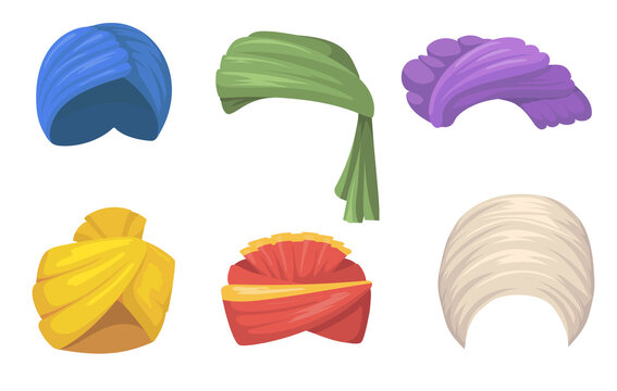 Traditional turbans set. Indian and Arabic hats, colorful sikh headgear fires isolated on white. Vector illustration for India, Asian fashion, culture, ethnic clothes concept