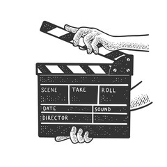 Movie clapperboard in hands sketch engraving vector illustration. T-shirt apparel print design. Scratch board style imitation. Hand drawn image. - obrazy, fototapety, plakaty