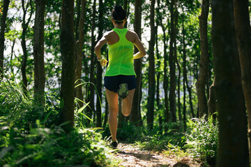 Obraz na płótnie Canvas Young woman trail runner running in sunrise tropical forest