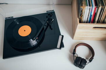 Turntable playing vinyl record, DJ set