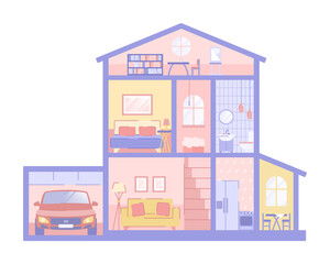 Dollhouse toy with two floors and attic - isolated vector kid illustration. Cross section of paper house with kitchen, bathroom, bedroom and car in garage. Big modern doll house for girl or boy
