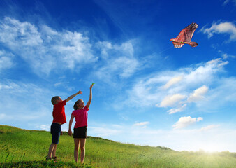 Happy kids with a kite in the summer