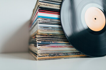 Close up of stack of vinyl records collection