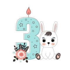 Number three and a cute cartoon rabbit. Perfect for greeting cards, party invitations, posters, stickers, pin, scrapbooking, icons. Birthday concept