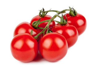 Fresh cherry tomatoes with a sprig isolated on a white background. View from another angle in the...