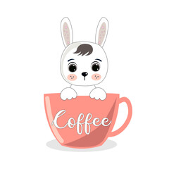 Fototapeta premium Cute cartoon baby little rabbit sitting in the mug. Vector illustration for baby shower, greeting card, party invitation, fashion clothes t-shirt print.