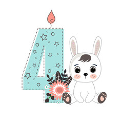 Number four and a cute cartoon rabbit. Perfect for greeting cards, party invitations, posters, stickers, pin, scrapbooking, icons. Birthday concept