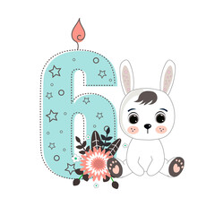 Number six and a cute cartoon rabbit. Perfect for greeting cards, party invitations, posters, stickers, pin, scrapbooking, icons. Birthday concept