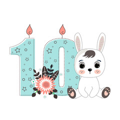 Number ten and a cute cartoon rabbit. Perfect for greeting cards, party invitations, posters, stickers, pin, scrapbooking, icons. Birthday concept