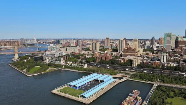 22 SEPTEMBER 2020 NEW YORK NY USA: Aerial fly over of Brooklyn rooftops with beautiful Brooklyn apartments at spectacular buildings in New York City of Brooklyn near Brooklyn and Manhattan Bridges