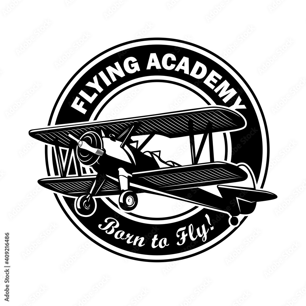 Aufkleber flying academy circular label design. monochrome element with biplane or retro airplane vector illus