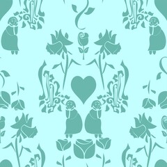 Daydreaming Girls With Flowers Pattern In Two Shades Of Aqua