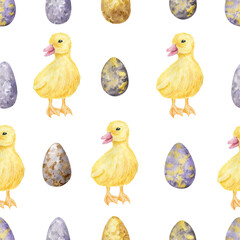 Easter egg and duckling clip-art watercolor seamless pattern. Hand painted duckling and eggs endless background.