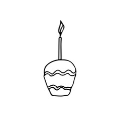 Doodle is a small cupcake with a candle. Easter cake vector on white background isolated