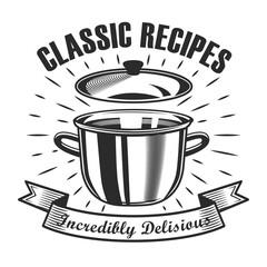 Classical cooking lesson label design. Monochrome element with open saucepan vector illustration with text on ribbon. Workshop and course from chef concept for stamps and emblems templates