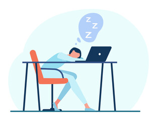 Woman sleeping at table with laptop. Computer, desk, work flat vector illustration. Fatigue and overworking concept for banner, website design or landing web page