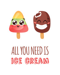 Hand Drawn Ice Cream Vector Artistic Drawing and Quote. Summer Illustration Sweet Fast Food Emoticon. Funny Emoji and Text