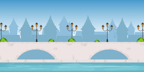 Bridge over the river. City silhouette. Vector illustration.
