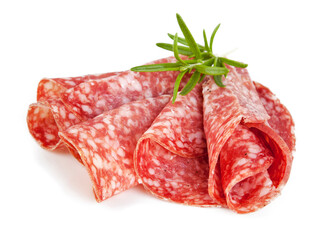 Decoration of sliced salami isolated on a white background. View from another angle in the portfolio.