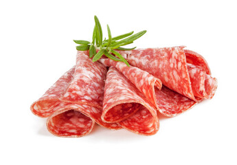 Decoration of sliced salami isolated on a white background. View from another angle in the...