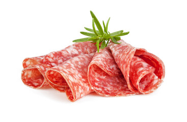 Decoration of sliced salami isolated on a white background. View from another angle in the portfolio.