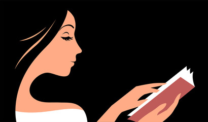 Beautiful young girl reads a book. Hobby and education concept. Vector illustration on a black background.