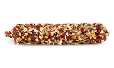 Salami sprinkled with muesli isolated on a white background. View from another angle in the...