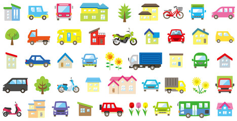 家と車と二輪車と植物のアイコンセット(カラー)