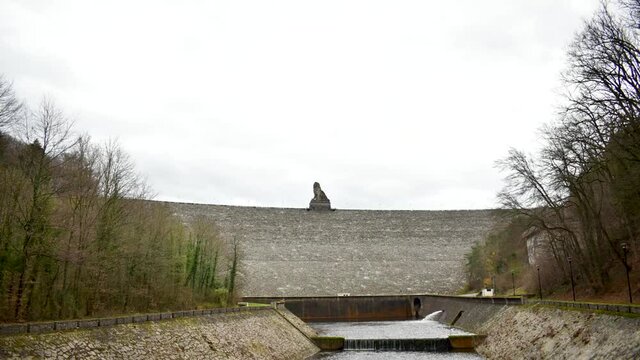 Staue of Lion cloudscape timelapse in Dam de Gileppe, Ardennes, Belgium