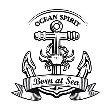 Ocean spirit emblem design. Monochrome element with anchor, crab vector illustration with text on ribbon. Sailing or navigating concept for labels and badges templates
