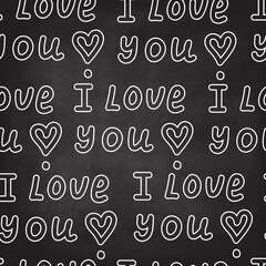 Valentine vector seamless pattern with handwritten words on grey blackboard, saying 