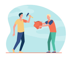 Two guys breaking piggybank with hammer. Cash, wealth, money flat vector illustration. Finance and savings concept for banner, website design or landing web page