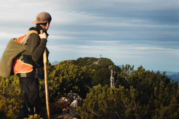 hiker with backpack in mountains