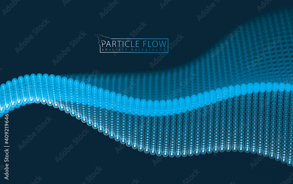 Poster flowing particles wave, dynamic sound motion. 3d vector illustration. beautiful wave shaped array of