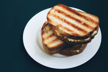 Grilled toast sandwich with egg on a white plate on a dark background. Toasted breads for breakfast. Side view