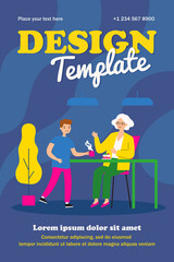 Senior woman sitting at table and grandson giving her tea. Grandmother, cake, home flat vector illustration. Family and relationship concept for banner, website design or landing web page