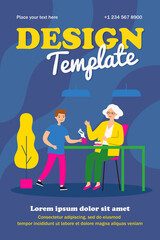 Naklejka premium Senior woman sitting at table and grandson giving her tea. Grandmother, cake, home flat vector illustration. Family and relationship concept for banner, website design or landing web page
