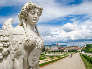 Fototapeta na wymiar Close-up of a Sphinx statue at Belvedere palace complex in Vienna, Austria on a sunny summer day