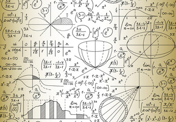 Mathematical manunuscripts and technical drawings on the old paper, scientific vector seamless pattern 