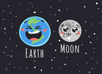 Fototapeta premium Hand Drawn Childish Illustration Our Home in Cosmos. Vector Drawing Planet Earth and Satellite Moon in Space. Cartoon Solar System object 