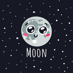 Fototapeta premium Hand Drawn Childish Illustration Moon Cosmos. Vector Drawing Satellite in Space. Cartoon Solar System object