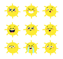 Set of Emoji Hand Drawn Childish Illustration Sun in Cosmos. Vector Drawing Star in Space. Cartoon Solar System object Emoticon