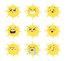 Set of Emoji Hand Drawn Childish Illustration Sun in Cosmos. Vector Drawing Star in Space. Cartoon Solar System object Emoticon